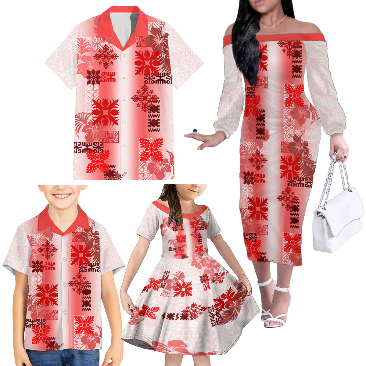 Hawaiian Quilt Family Matching Off Shoulder Long Sleeve Dress and Hawaiian Shirt Vintage Pattern Red LT05 - Polynesian Pride