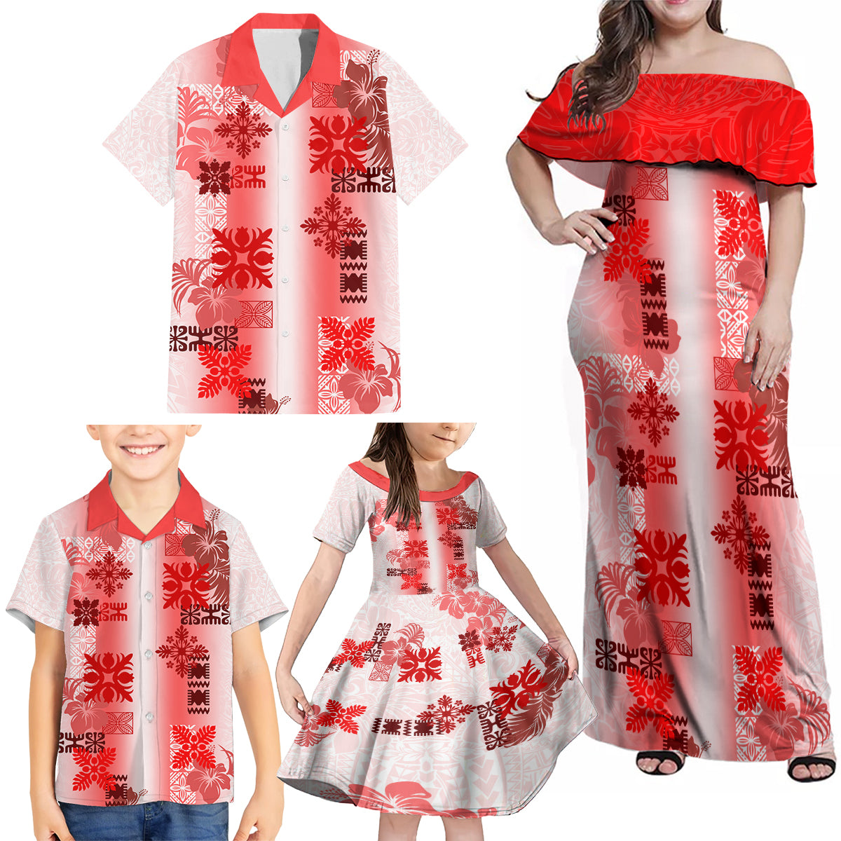 Hawaiian Quilt Family Matching Off Shoulder Maxi Dress and Hawaiian Shirt Vintage Pattern Red LT05 - Polynesian Pride