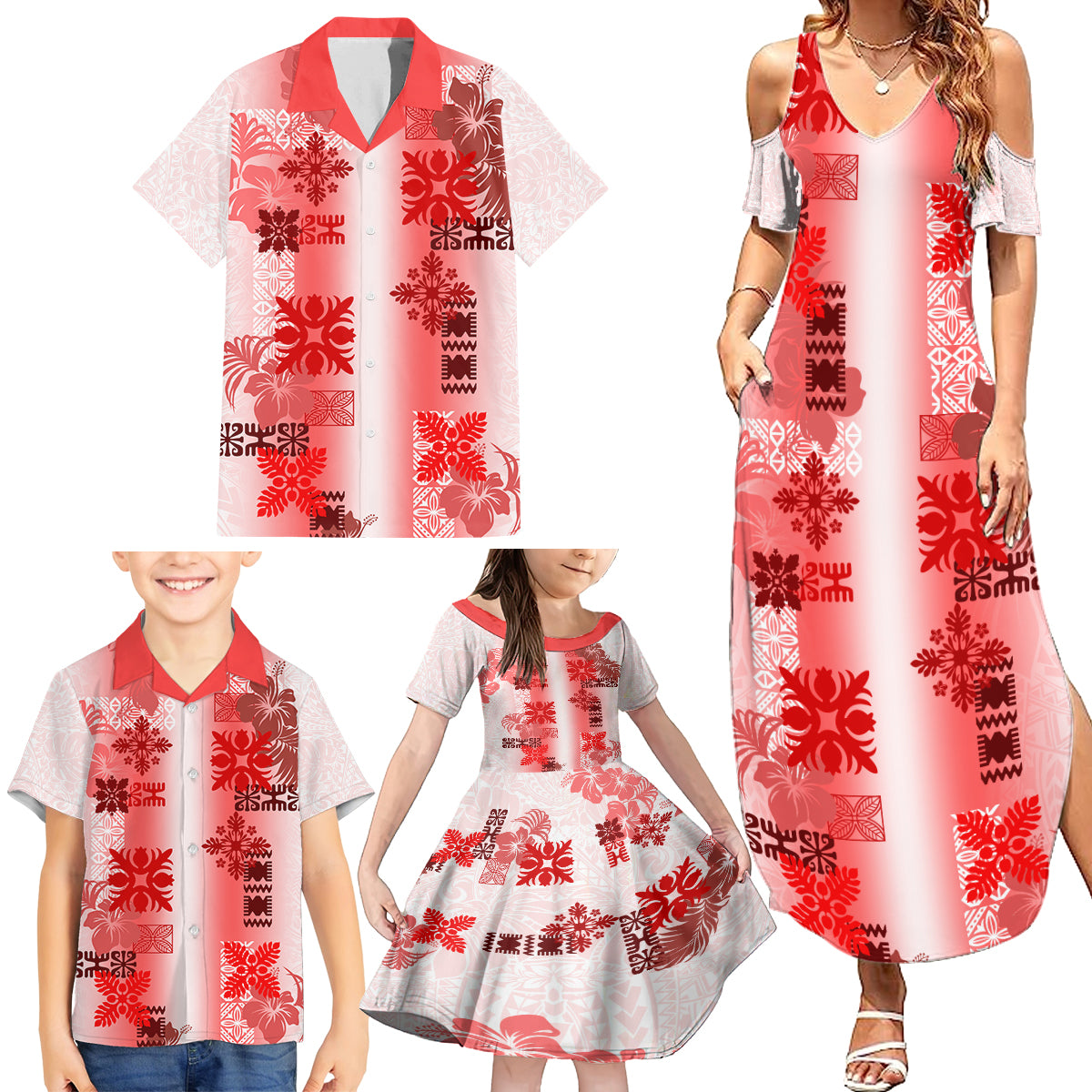 Hawaiian Quilt Family Matching Summer Maxi Dress and Hawaiian Shirt Vintage Pattern Red LT05 - Polynesian Pride