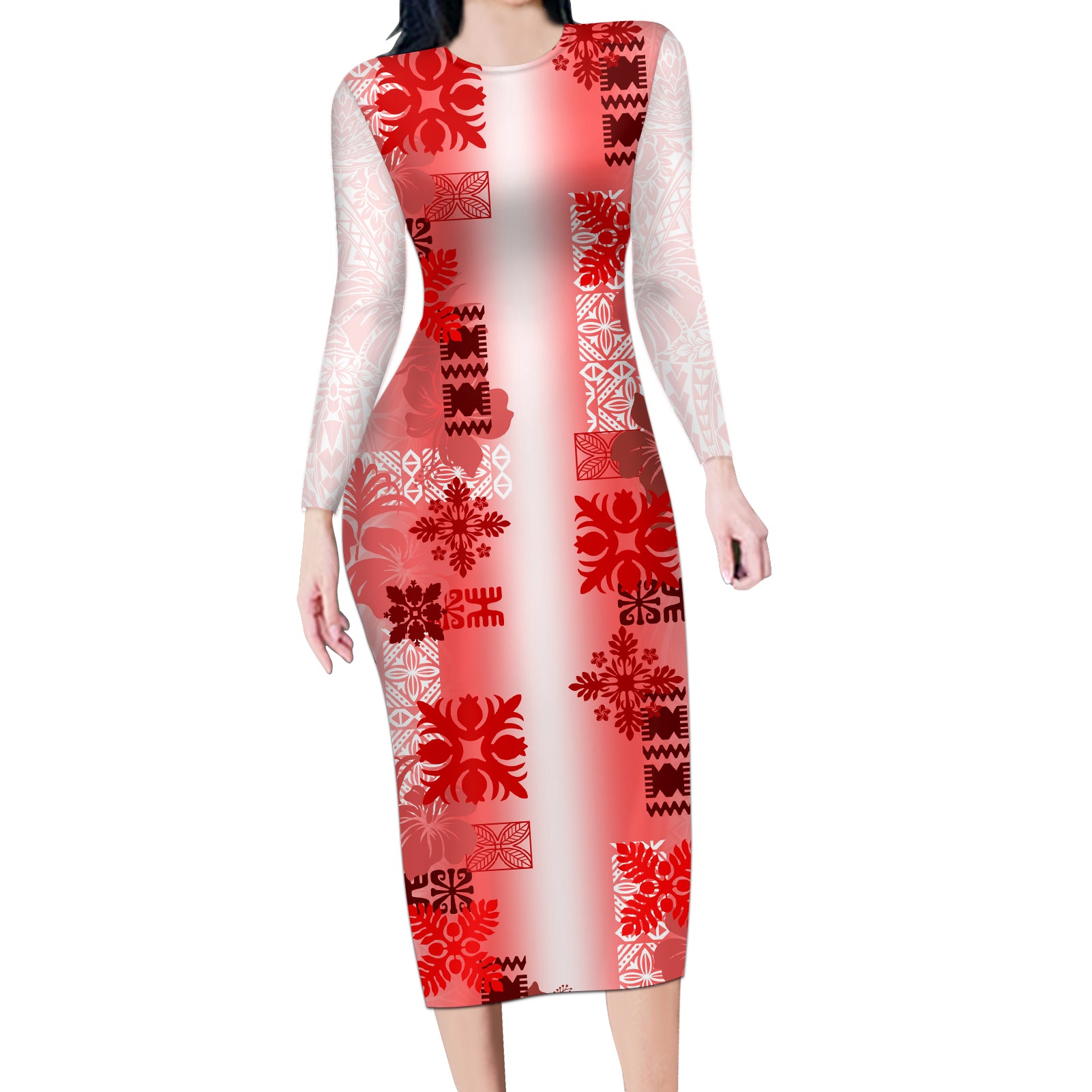 Hawaiian Quilt Long Sleeve Bodycon Dress Vintage Pattern Red LT05 Long Dress Red - Polynesian Pride