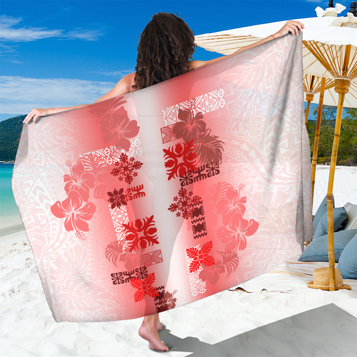 Hawaiian Quilt Sarong Vintage Pattern Red LT05 One Size 44 x 66 inches Red - Polynesian Pride