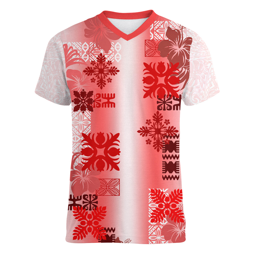 Hawaiian Quilt Women V Neck T Shirt Vintage Pattern Red LT05 Female Red - Polynesian Pride