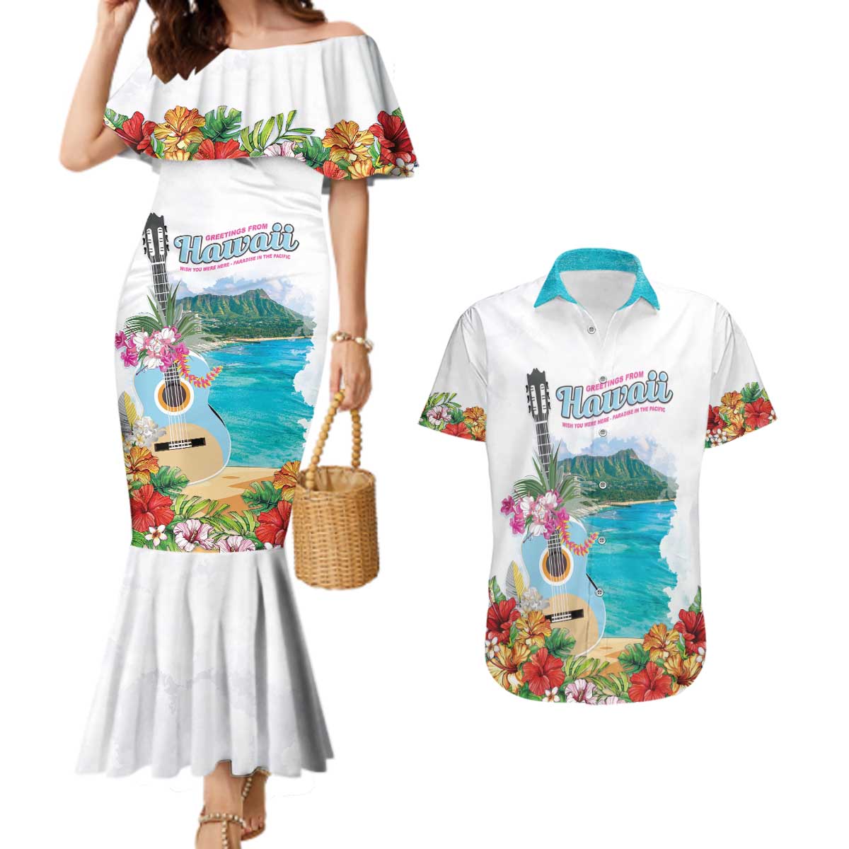 Aloha Hawaii Waikiki Beach Landscape Couples Matching Mermaid Dress and Hawaiian Shirt