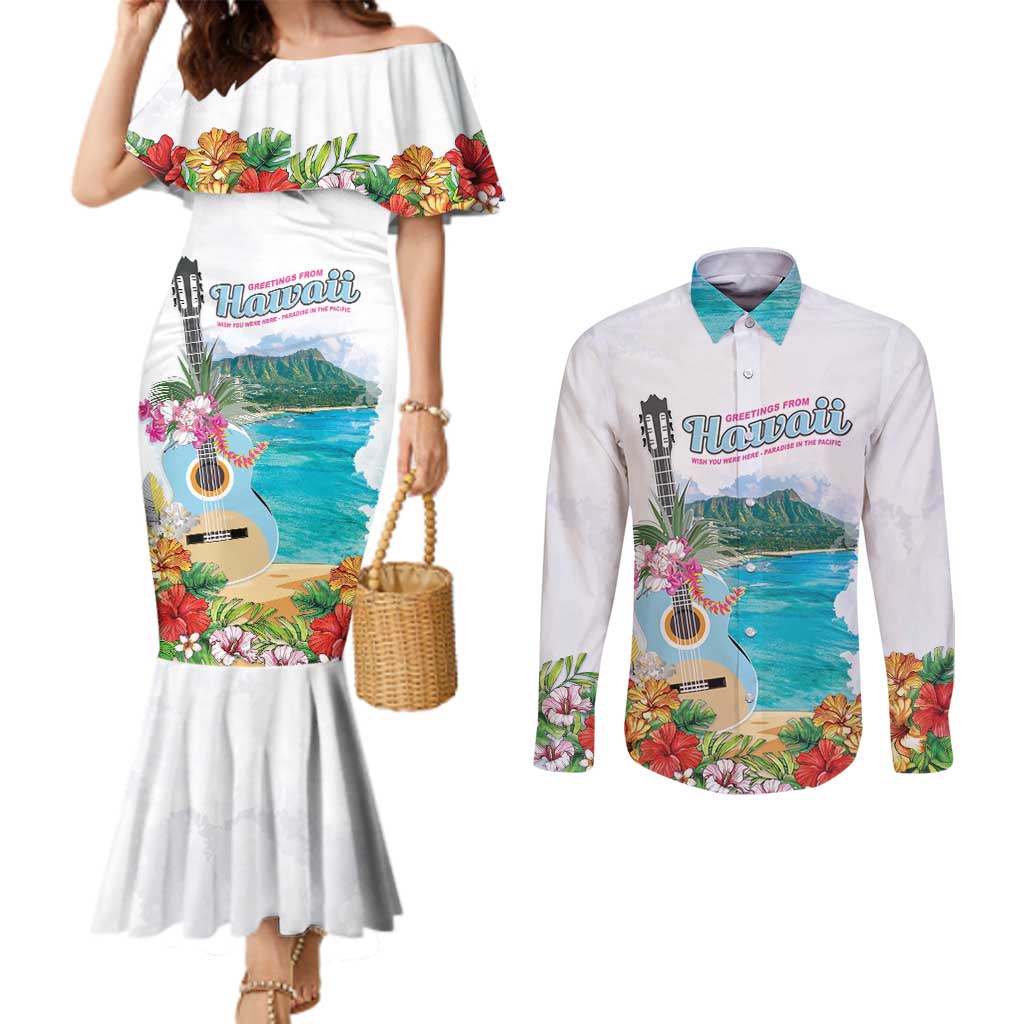 Aloha Hawaii Waikiki Beach Landscape Couples Matching Mermaid Dress and Long Sleeve Button Shirt LT05 White - Polynesian Pride