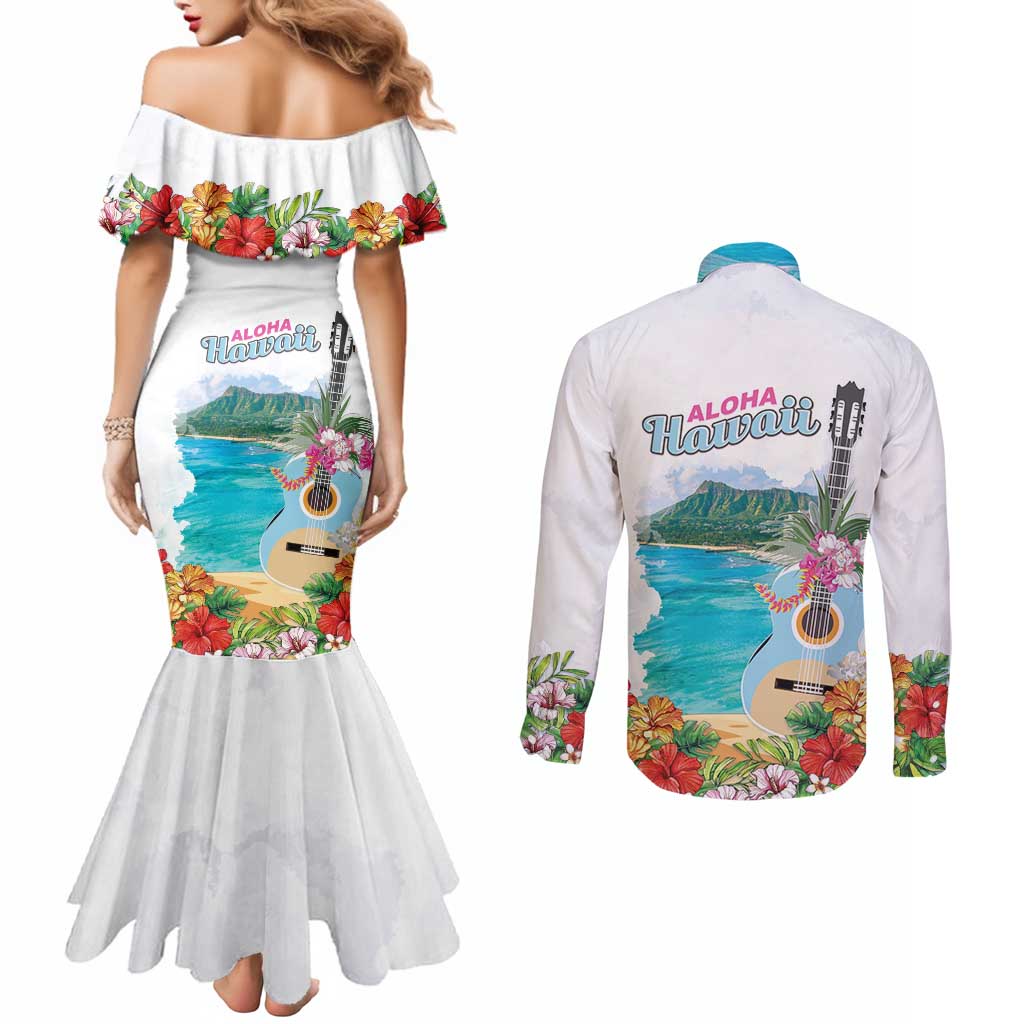 Aloha Hawaii Waikiki Beach Landscape Couples Matching Mermaid Dress and Long Sleeve Button Shirt LT05 - Polynesian Pride