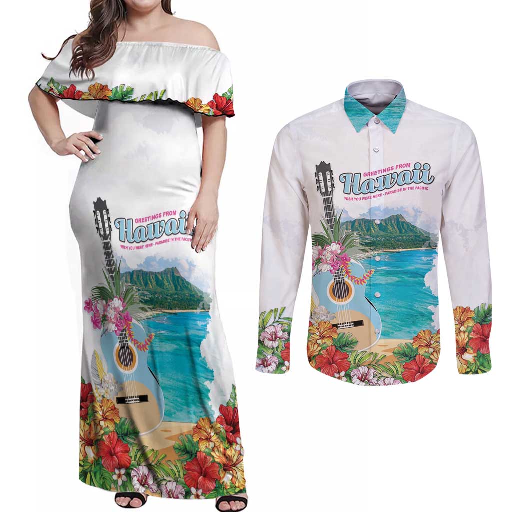Aloha Hawaii Waikiki Beach Landscape Couples Matching Off Shoulder Maxi Dress and Long Sleeve Button Shirt LT05 White - Polynesian Pride