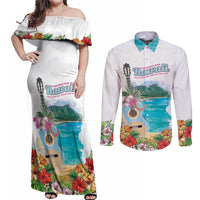 Aloha Hawaii Waikiki Beach Landscape Couples Matching Off Shoulder Maxi Dress and Long Sleeve Button Shirt LT05 White - Polynesian Pride