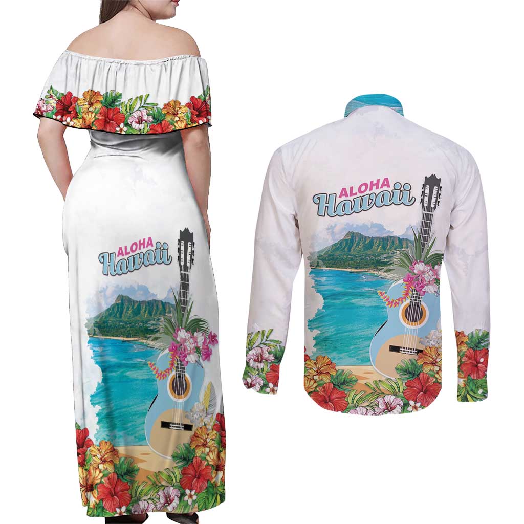 Aloha Hawaii Waikiki Beach Landscape Couples Matching Off Shoulder Maxi Dress and Long Sleeve Button Shirt LT05 - Polynesian Pride