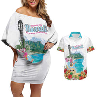 Aloha Hawaii Waikiki Beach Landscape Couples Matching Off Shoulder Short Dress and Hawaiian Shirt LT05 White - Polynesian Pride