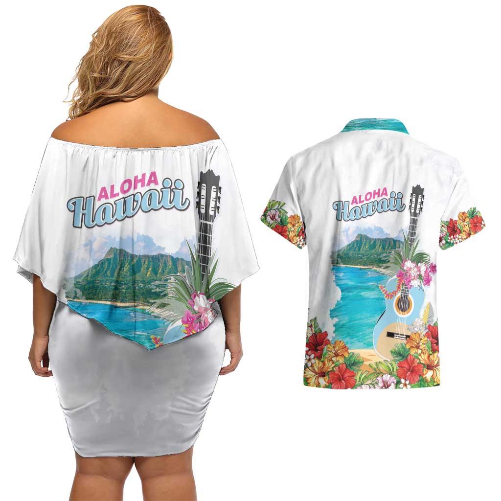 Aloha Hawaii Waikiki Beach Landscape Couples Matching Off Shoulder Short Dress and Hawaiian Shirt LT05 - Polynesian Pride
