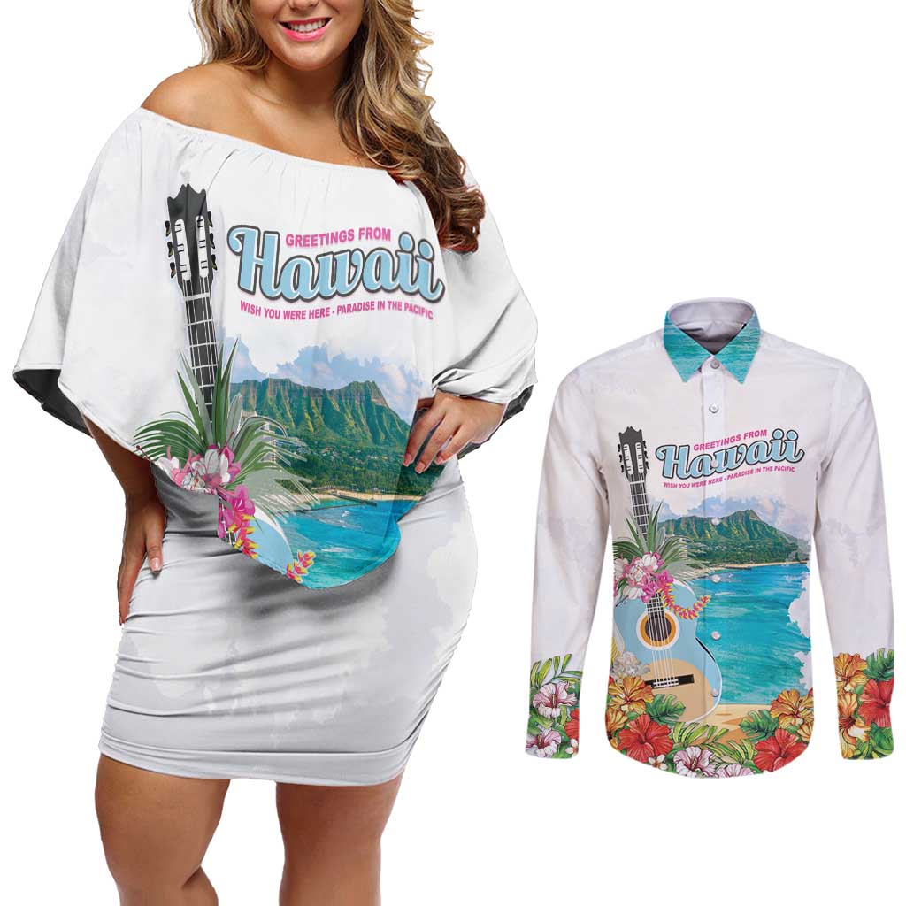 Aloha Hawaii Waikiki Beach Landscape Couples Matching Off Shoulder Short Dress and Long Sleeve Button Shirt LT05 White - Polynesian Pride
