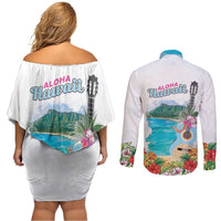 Aloha Hawaii Waikiki Beach Landscape Couples Matching Off Shoulder Short Dress and Long Sleeve Button Shirt LT05 - Polynesian Pride