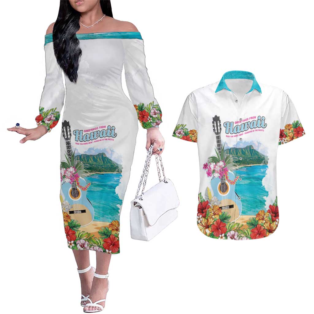 Aloha Hawaii Waikiki Beach Landscape Couples Matching Off The Shoulder Long Sleeve Dress and Hawaiian Shirt