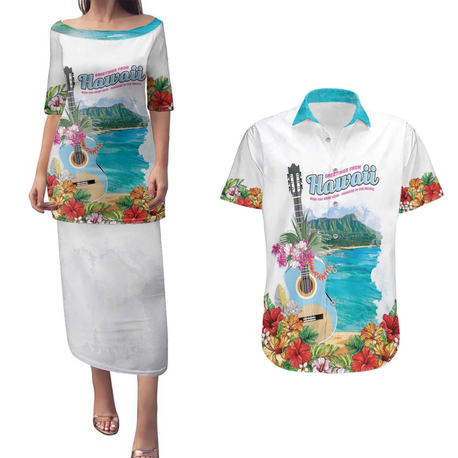 Aloha Hawaii Waikiki Beach Landscape Couples Matching Puletasi and Hawaiian Shirt LT05 White - Polynesian Pride