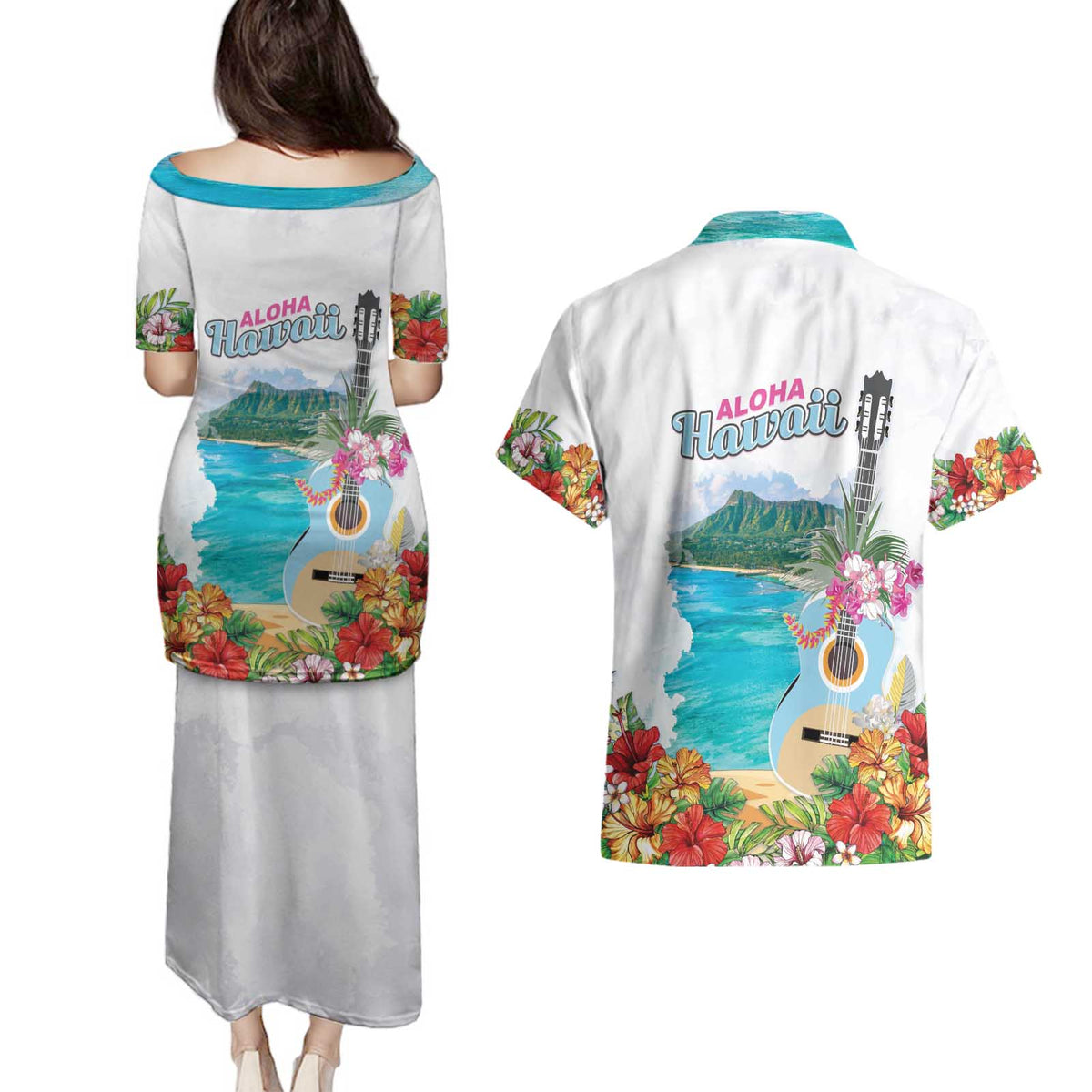 Aloha Hawaii Waikiki Beach Landscape Couples Matching Puletasi and Hawaiian Shirt LT05 - Polynesian Pride