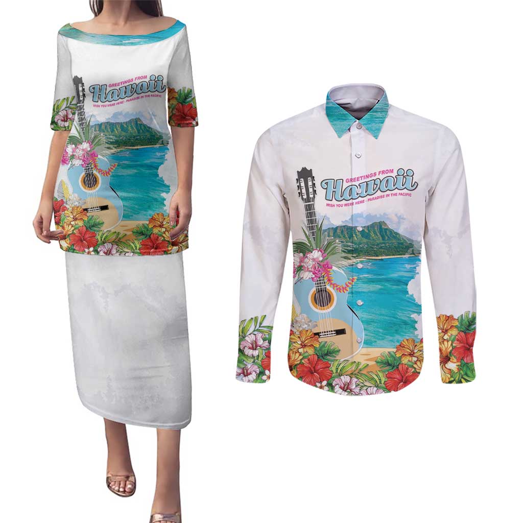 Aloha Hawaii Waikiki Beach Landscape Couples Matching Puletasi and Long Sleeve Button Shirt LT05 White - Polynesian Pride