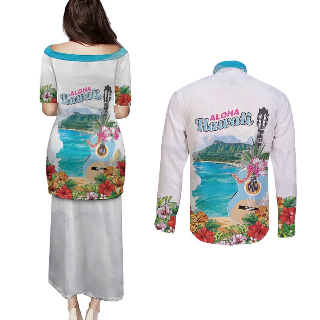 Aloha Hawaii Waikiki Beach Landscape Couples Matching Puletasi and Long Sleeve Button Shirt LT05 - Polynesian Pride