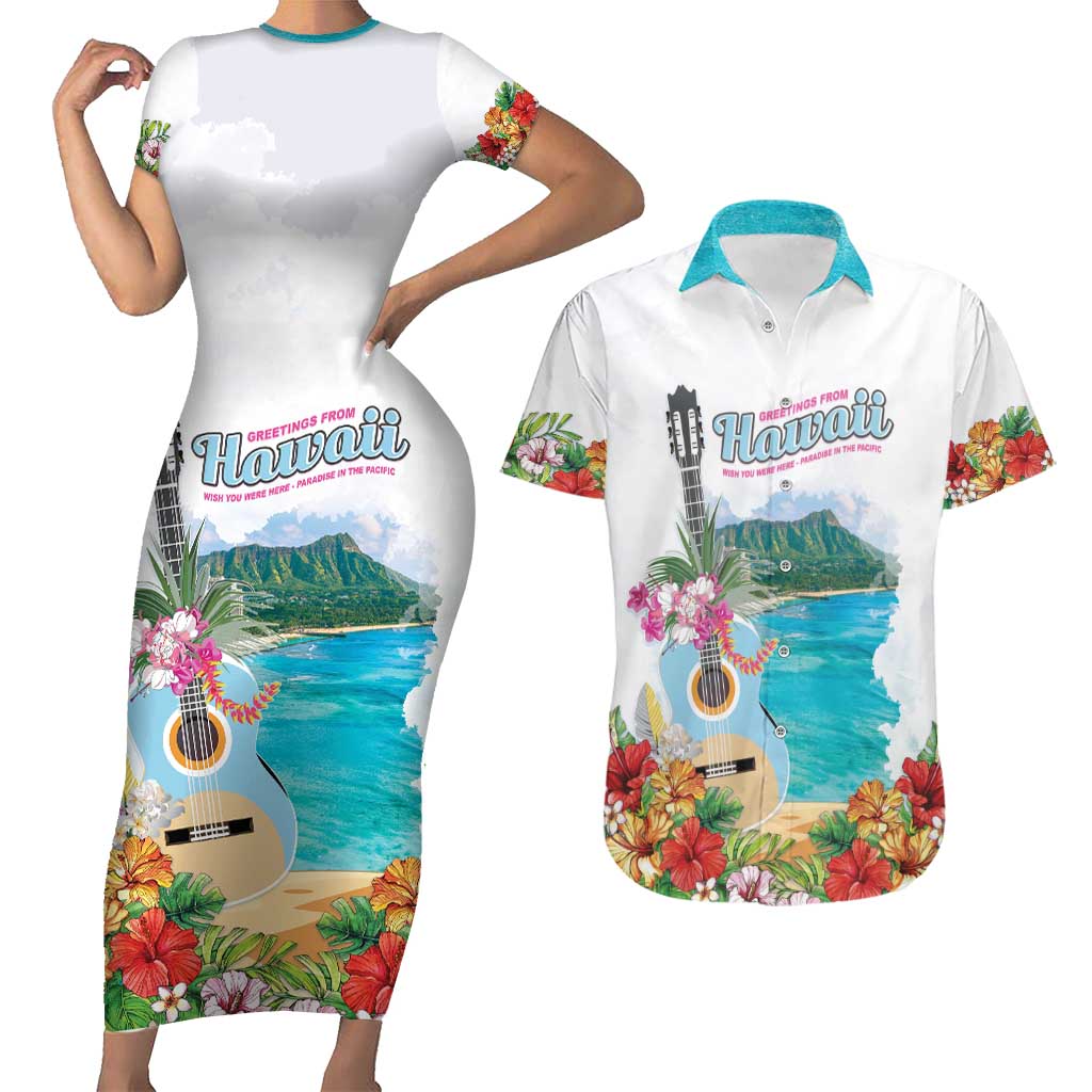 Aloha Hawaii Waikiki Beach Landscape Couples Matching Short Sleeve Bodycon Dress and Hawaiian Shirt