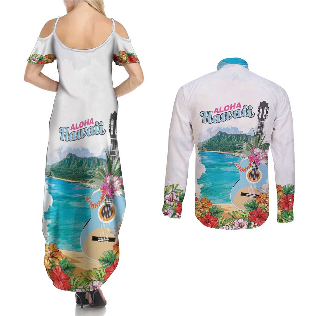 Aloha Hawaii Waikiki Beach Landscape Couples Matching Summer Maxi Dress and Long Sleeve Button Shirt LT05 - Polynesian Pride