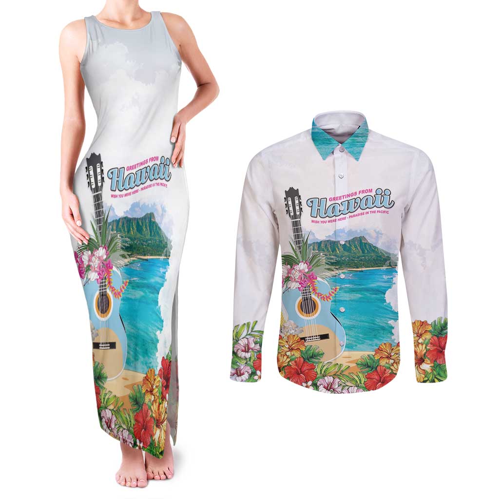 Aloha Hawaii Waikiki Beach Landscape Couples Matching Tank Maxi Dress and Long Sleeve Button Shirt LT05 White - Polynesian Pride