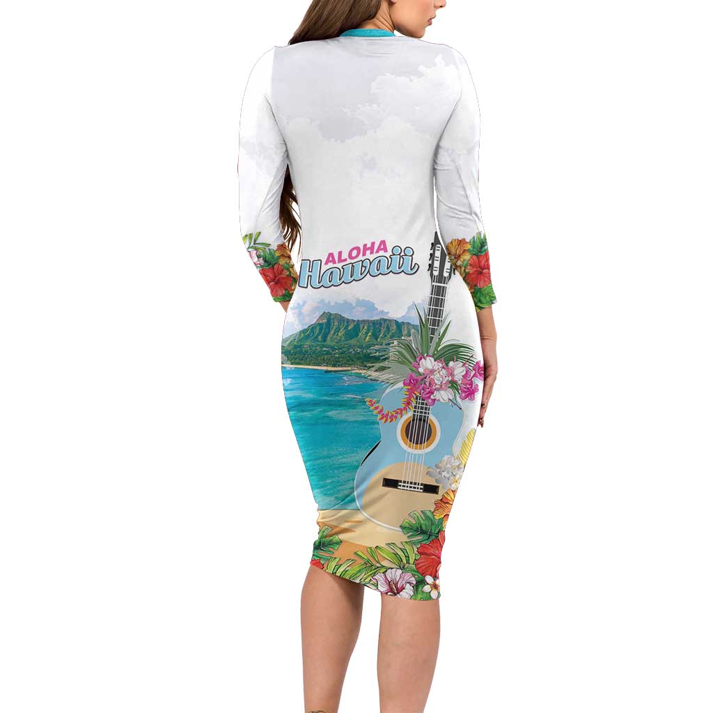 Aloha Hawaii Waikiki Beach Landscape Family Matching Long Sleeve Bodycon Dress and Hawaiian Shirt