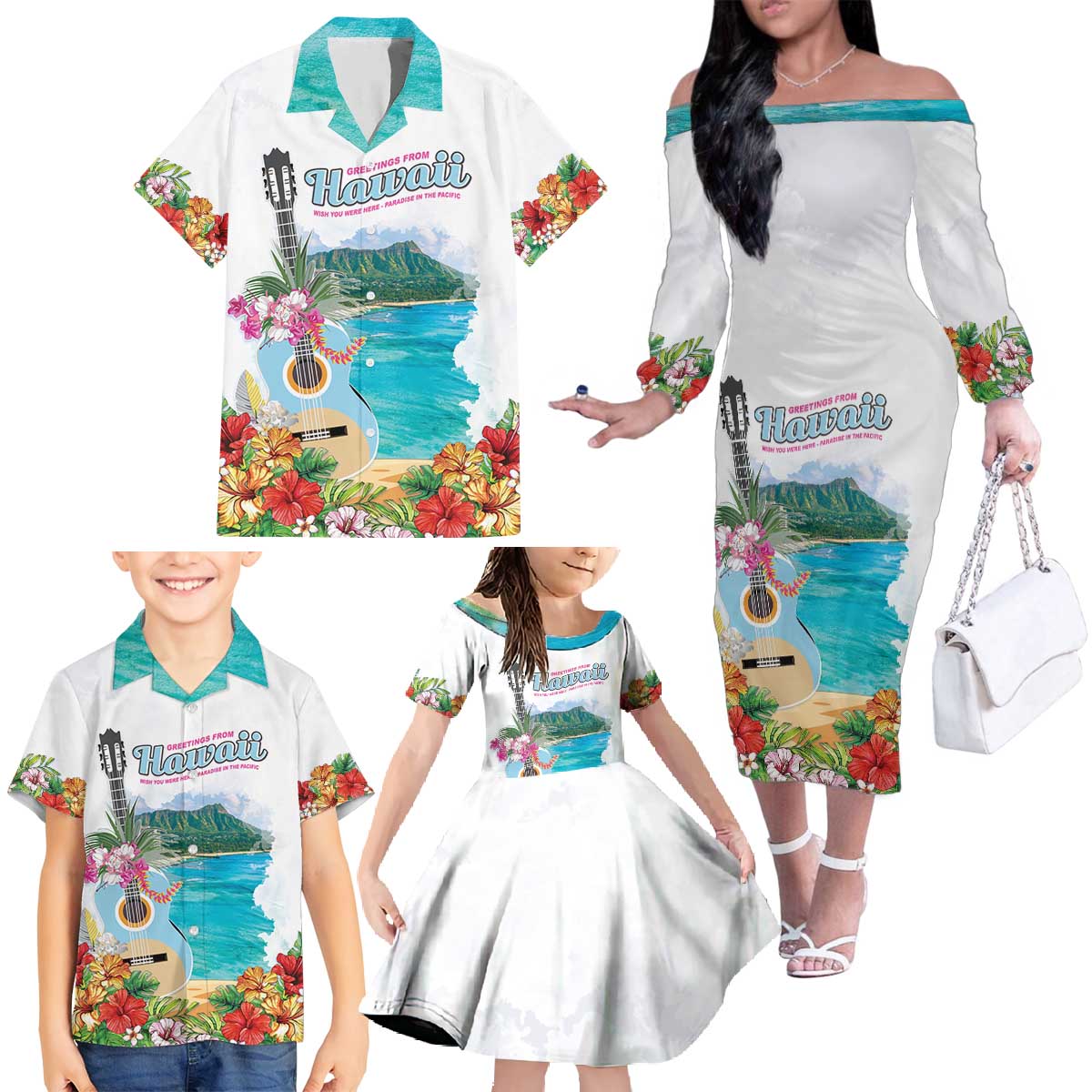 Aloha Hawaii Waikiki Beach Landscape Family Matching Off The Shoulder Long Sleeve Dress and Hawaiian Shirt