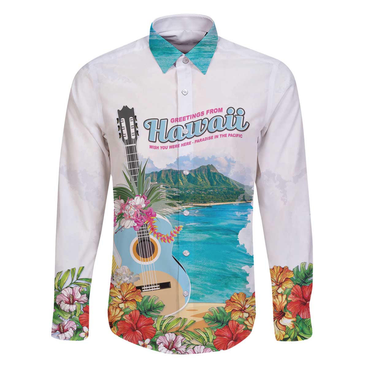Aloha Hawaii Waikiki Beach Landscape Family Matching Off The Shoulder Long Sleeve Dress and Hawaiian Shirt