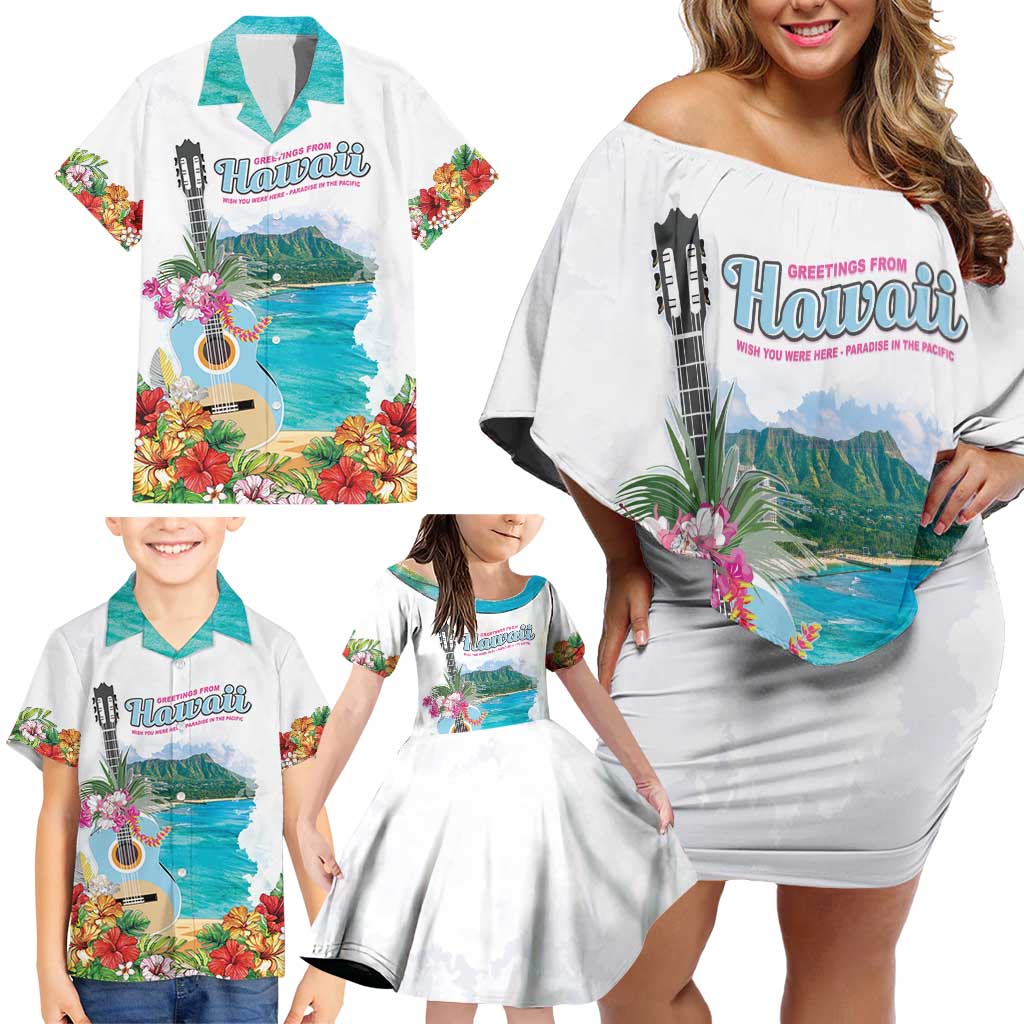 Aloha Hawaii Waikiki Beach Landscape Family Matching Off Shoulder Short Dress and Hawaiian Shirt