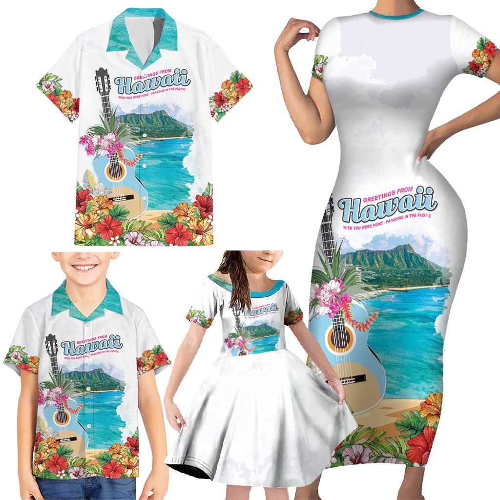 Aloha Hawaii Waikiki Beach Landscape Family Matching Short Sleeve Bodycon Dress and Hawaiian Shirt