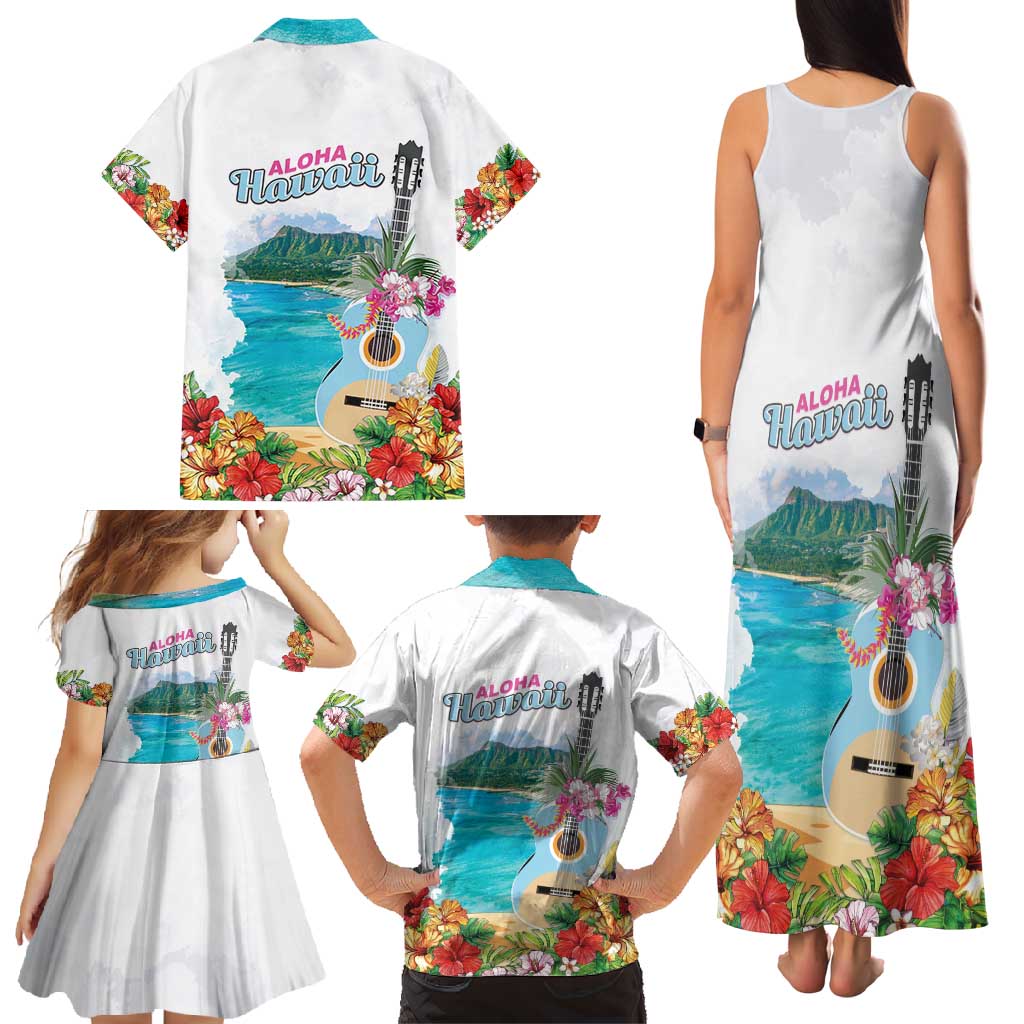 Aloha Hawaii Waikiki Beach Landscape Family Matching Tank Maxi Dress and Hawaiian Shirt
