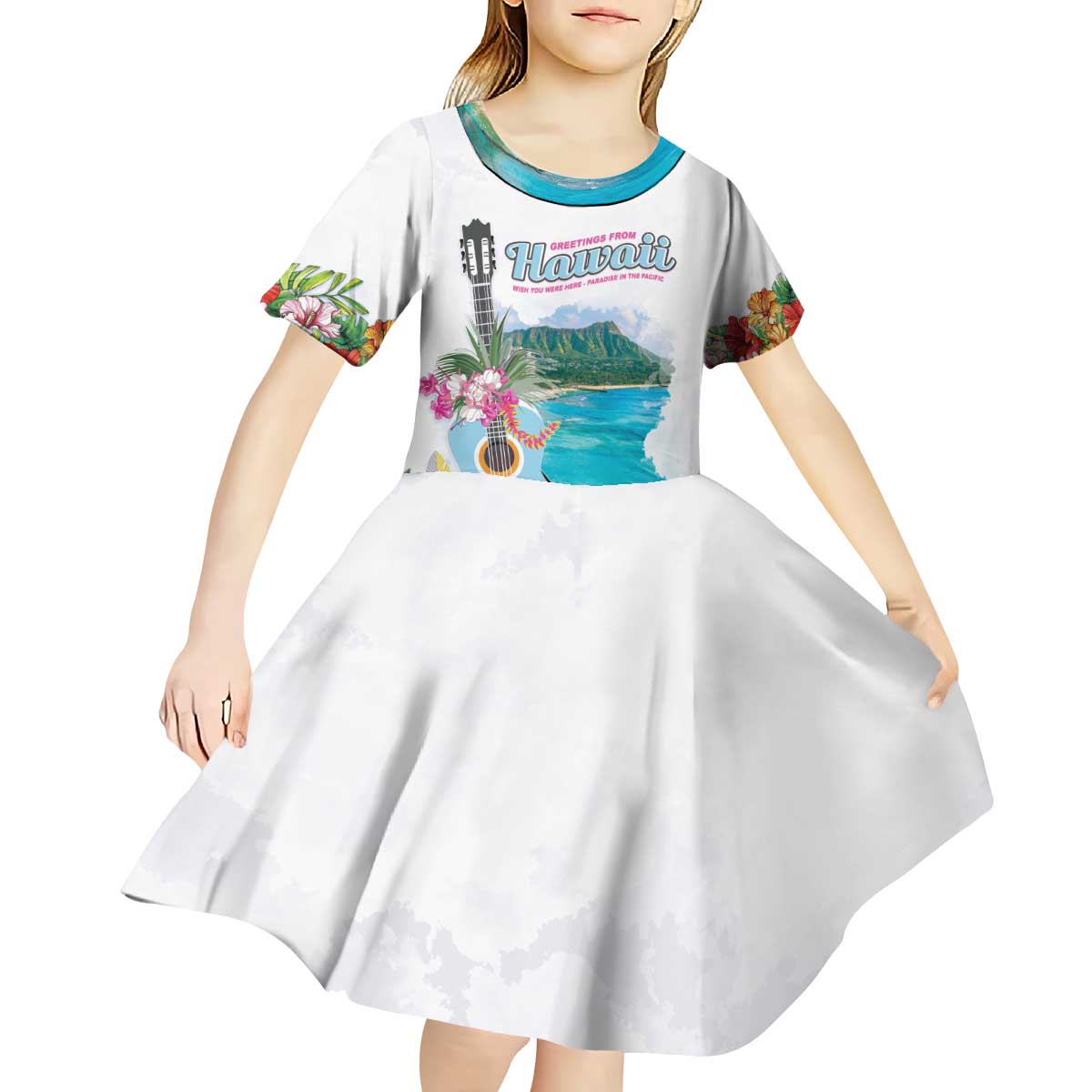 Aloha Hawaii Waikiki Beach Landscape Kid Short Sleeve Dress