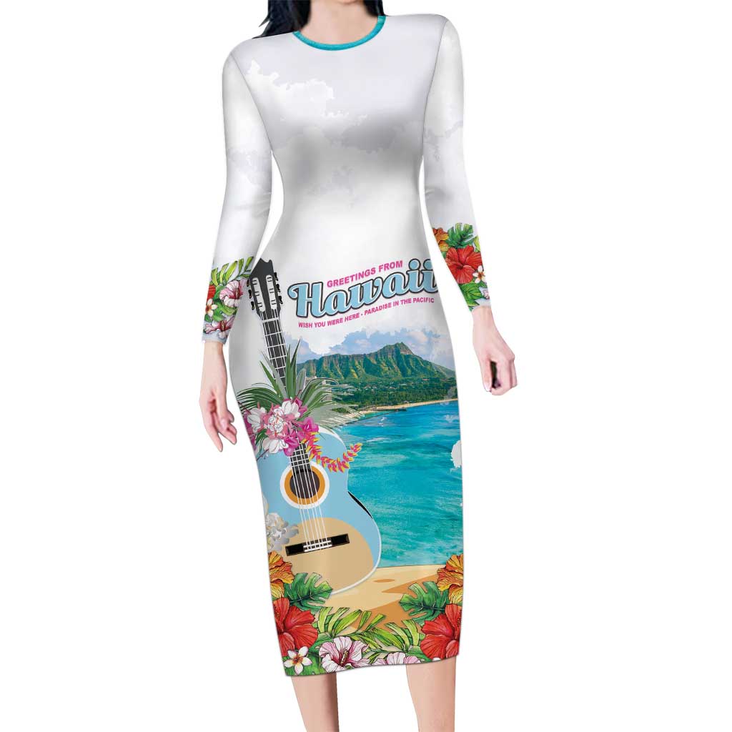 Aloha Hawaii Waikiki Beach Landscape Long Sleeve Bodycon Dress