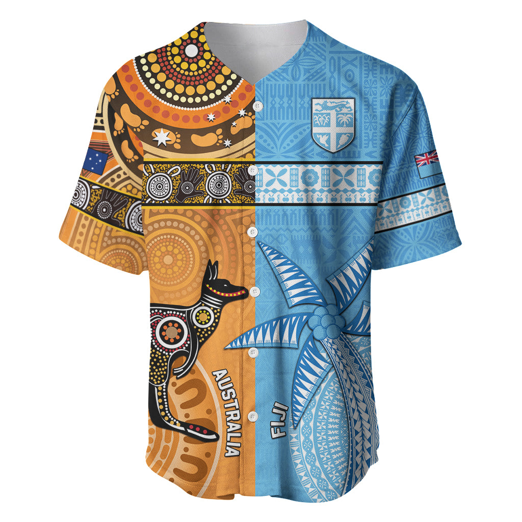 Custom Fiji Tapa And Australia Aboriginal Together Baseball Jersey LT05 Blue - Polynesian Pride