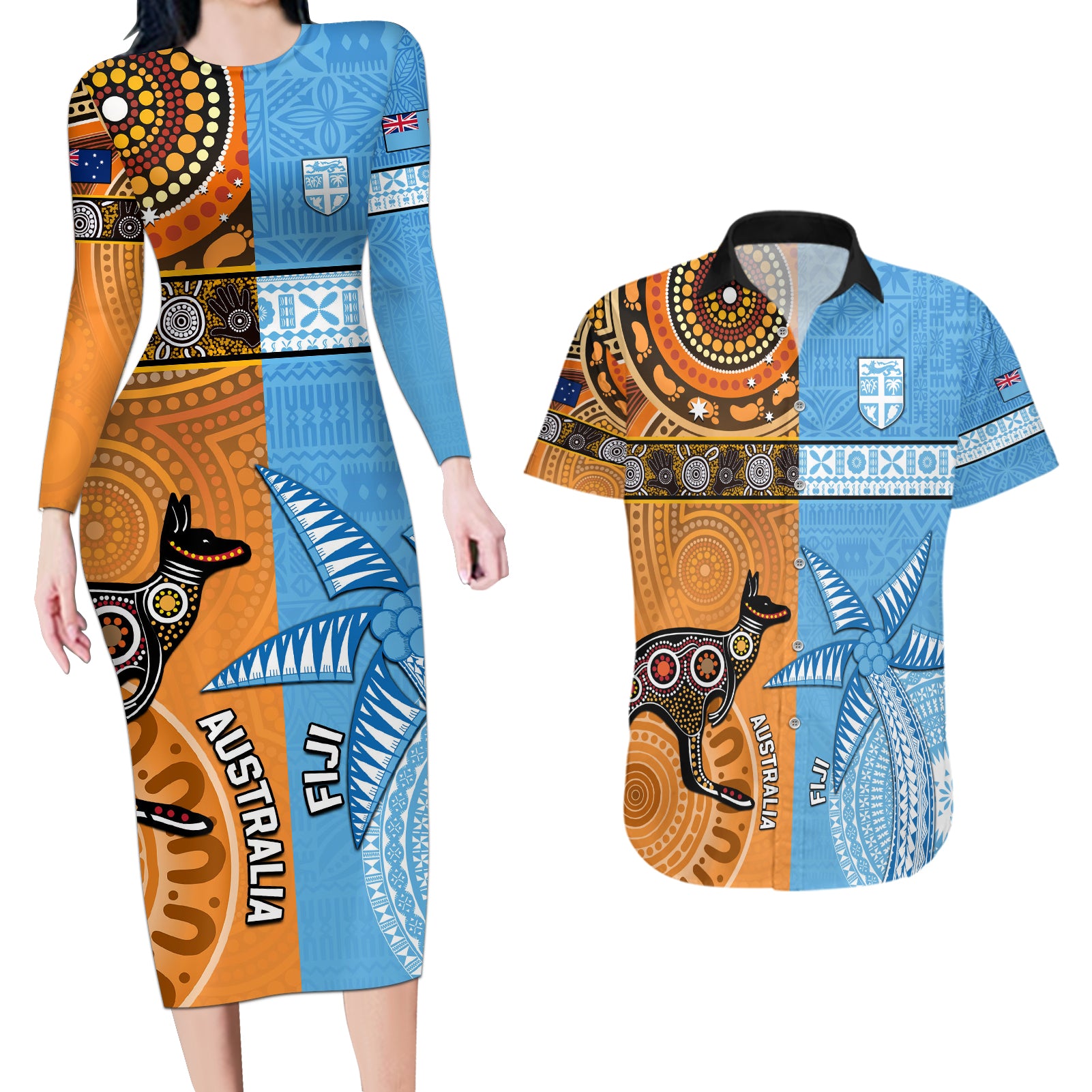 Custom Fiji Tapa And Australia Aboriginal Together Couples Matching Long Sleeve Bodycon Dress and Hawaiian Shirt LT05 Blue - Polynesian Pride