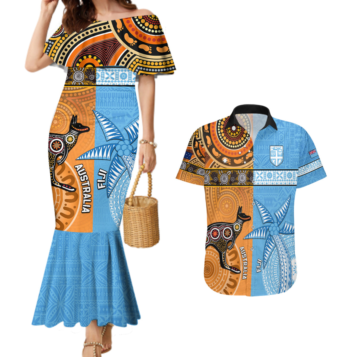 Custom Fiji Tapa And Australia Aboriginal Together Couples Matching Mermaid Dress and Hawaiian Shirt LT05 Blue - Polynesian Pride