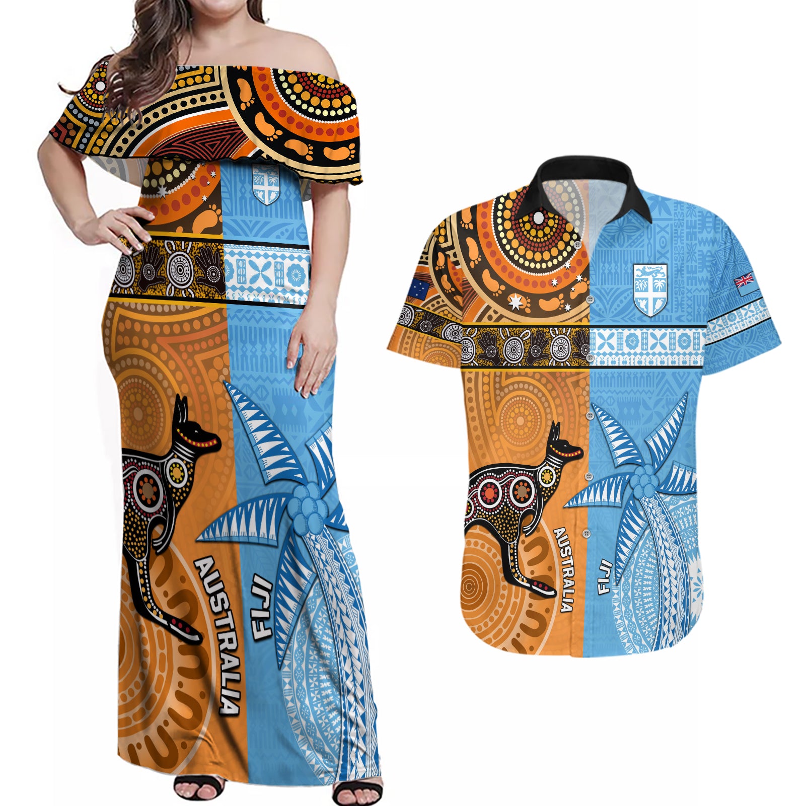 Custom Fiji Tapa And Australia Aboriginal Together Couples Matching Off Shoulder Maxi Dress and Hawaiian Shirt LT05 Blue - Polynesian Pride