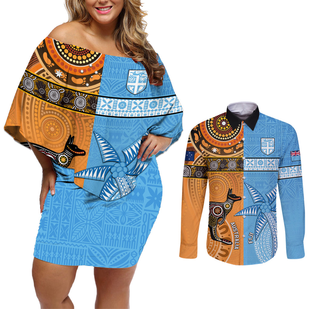 Custom Fiji Tapa And Australia Aboriginal Together Couples Matching Off Shoulder Short Dress and Long Sleeve Button Shirt LT05 Blue - Polynesian Pride