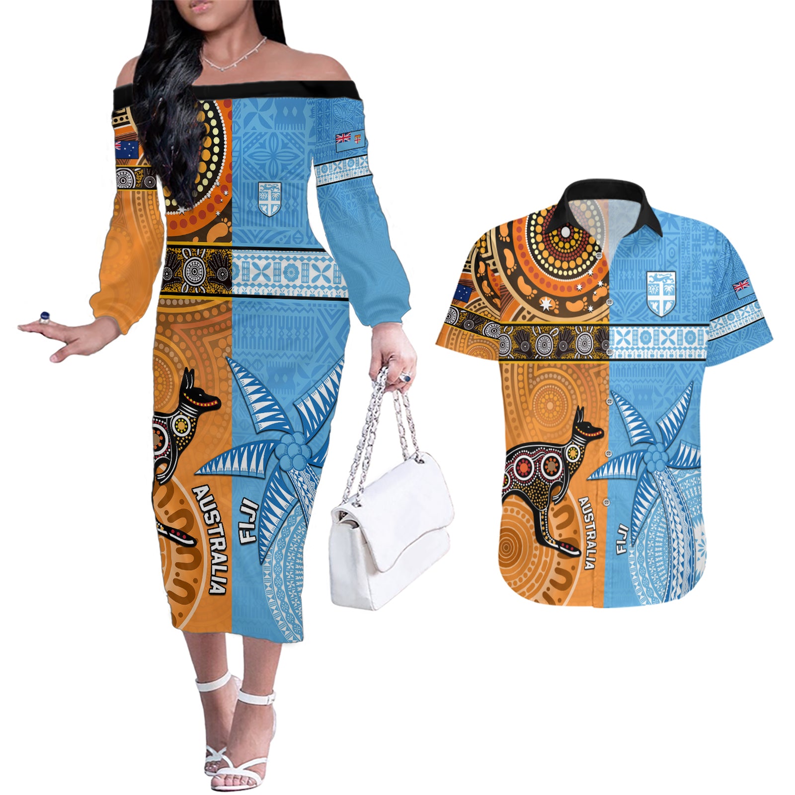 Custom Fiji Tapa And Australia Aboriginal Together Couples Matching Off The Shoulder Long Sleeve Dress and Hawaiian Shirt LT05 Blue - Polynesian Pride