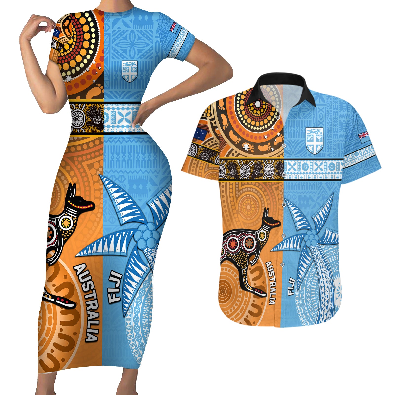 Custom Fiji Tapa And Australia Aboriginal Together Couples Matching Short Sleeve Bodycon Dress and Hawaiian Shirt LT05 Blue - Polynesian Pride