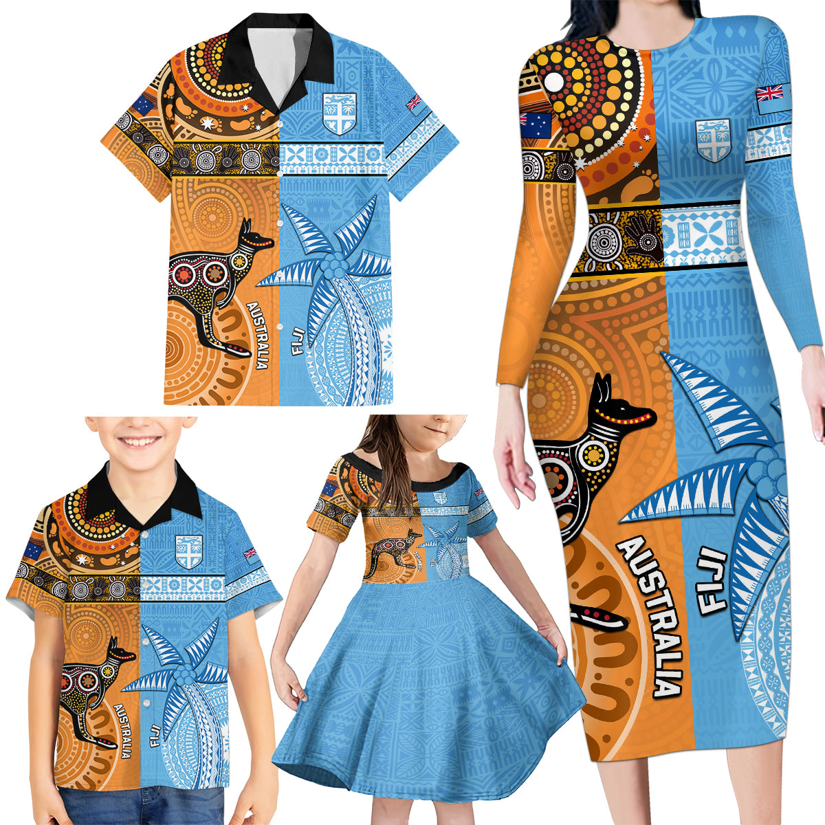 Custom Fiji Tapa And Australia Aboriginal Together Family Matching Long Sleeve Bodycon Dress and Hawaiian Shirt LT05 - Polynesian Pride