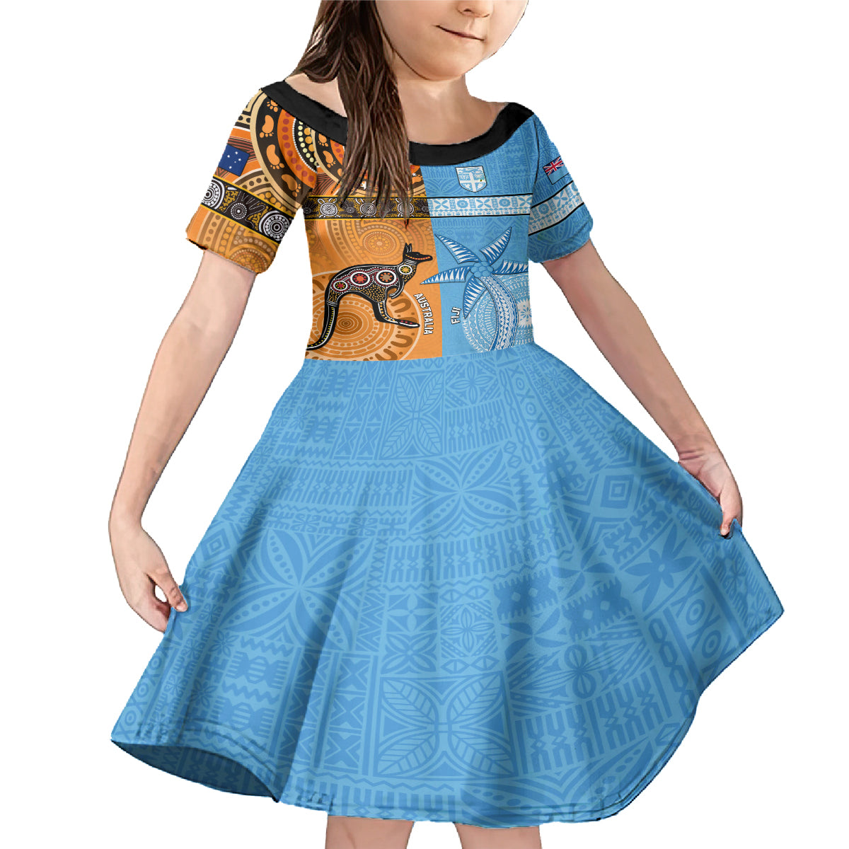 Custom Fiji Tapa And Australia Aboriginal Together Family Matching Mermaid Dress and Hawaiian Shirt LT05 Daughter's Dress Blue - Polynesian Pride