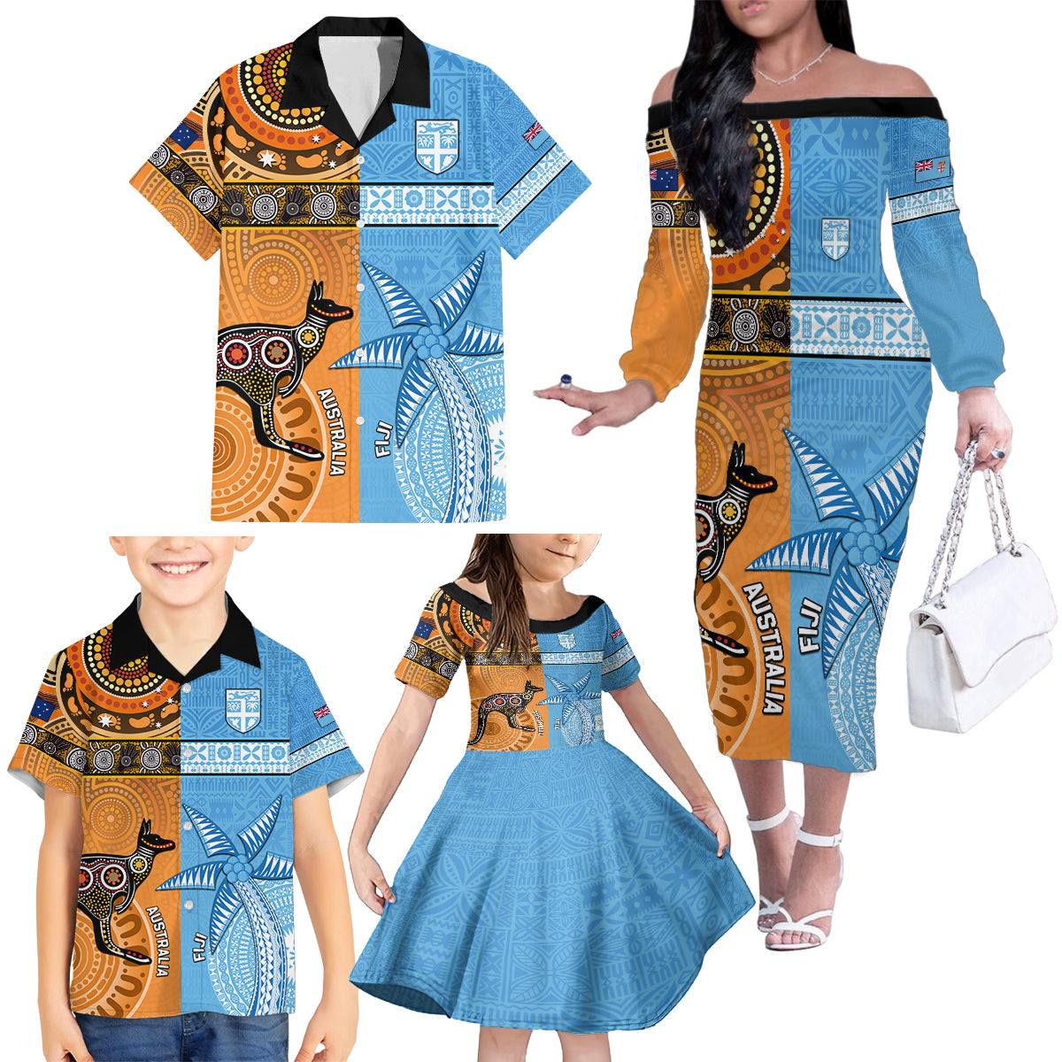 Custom Fiji Tapa And Australia Aboriginal Together Family Matching Off Shoulder Long Sleeve Dress and Hawaiian Shirt LT05 - Polynesian Pride