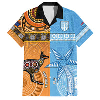 Custom Fiji Tapa And Australia Aboriginal Together Family Matching Off Shoulder Long Sleeve Dress and Hawaiian Shirt LT05 Dad's Shirt - Short Sleeve Blue - Polynesian Pride
