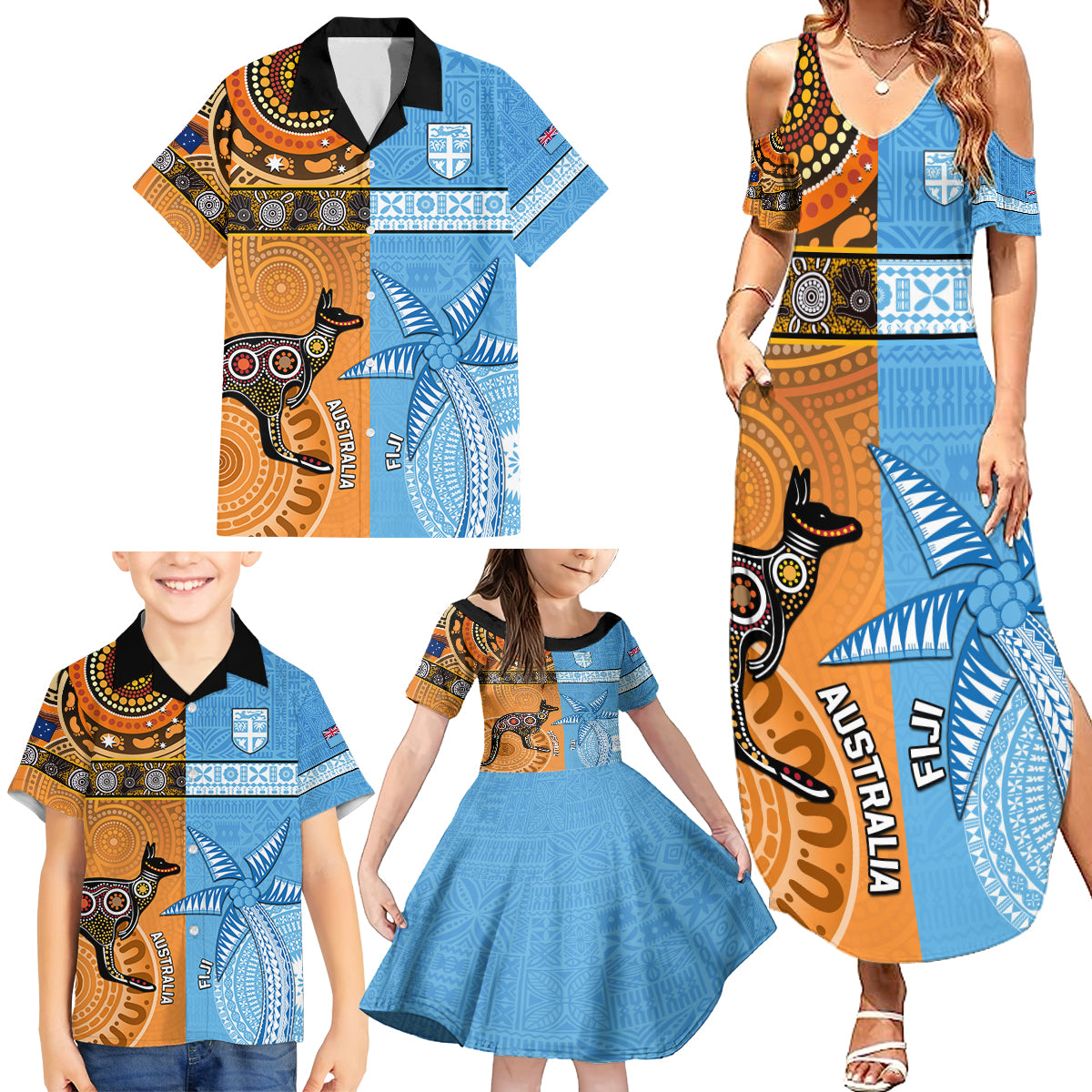 Custom Fiji Tapa And Australia Aboriginal Together Family Matching Summer Maxi Dress and Hawaiian Shirt LT05 - Polynesian Pride