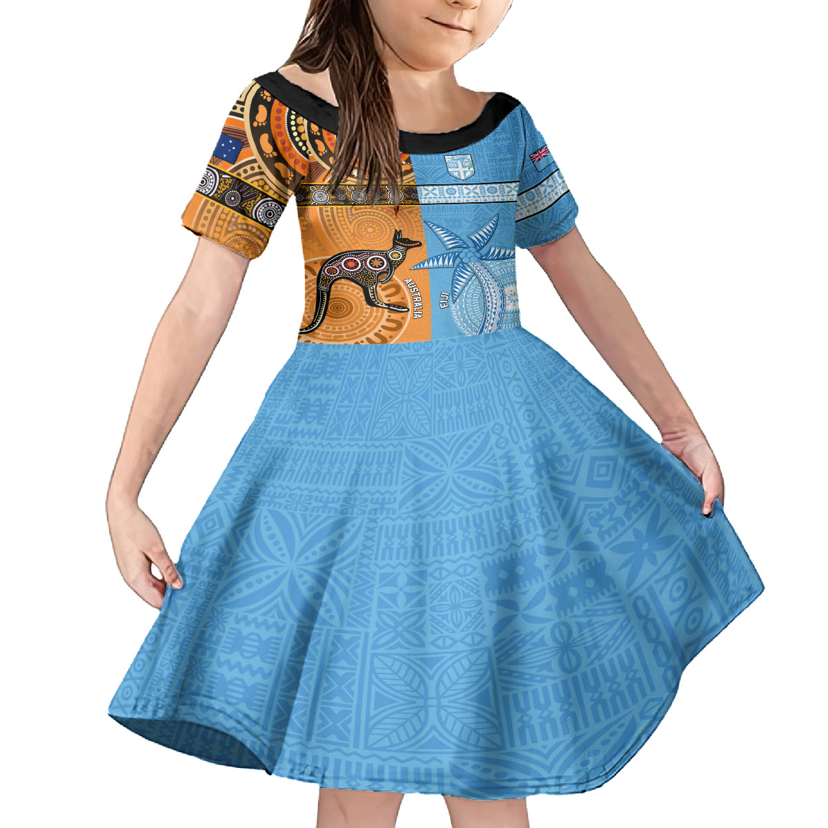 Custom Fiji Tapa And Australia Aboriginal Together Kid Short Sleeve Dress LT05 KID Blue - Polynesian Pride