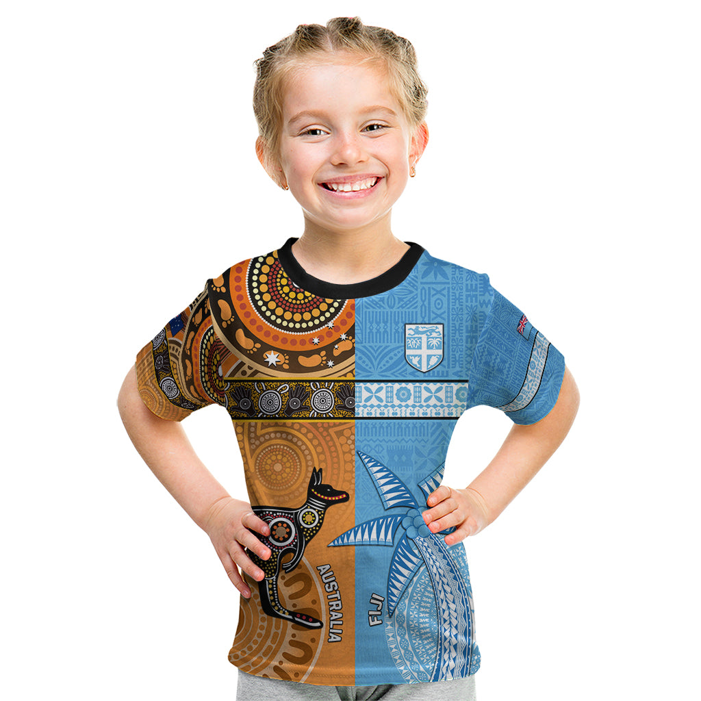 Custom Fiji Tapa And Australia Aboriginal Together Kid T Shirt LT05 Blue - Polynesian Pride