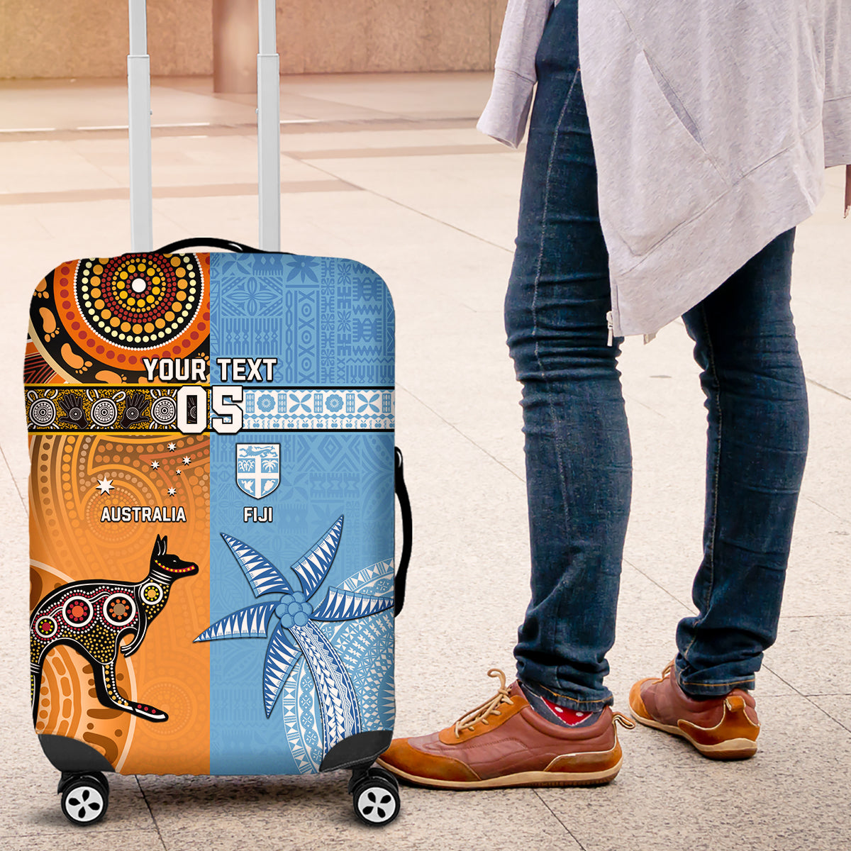 Custom Fiji Tapa And Australia Aboriginal Together Luggage Cover LT05 Blue - Polynesian Pride