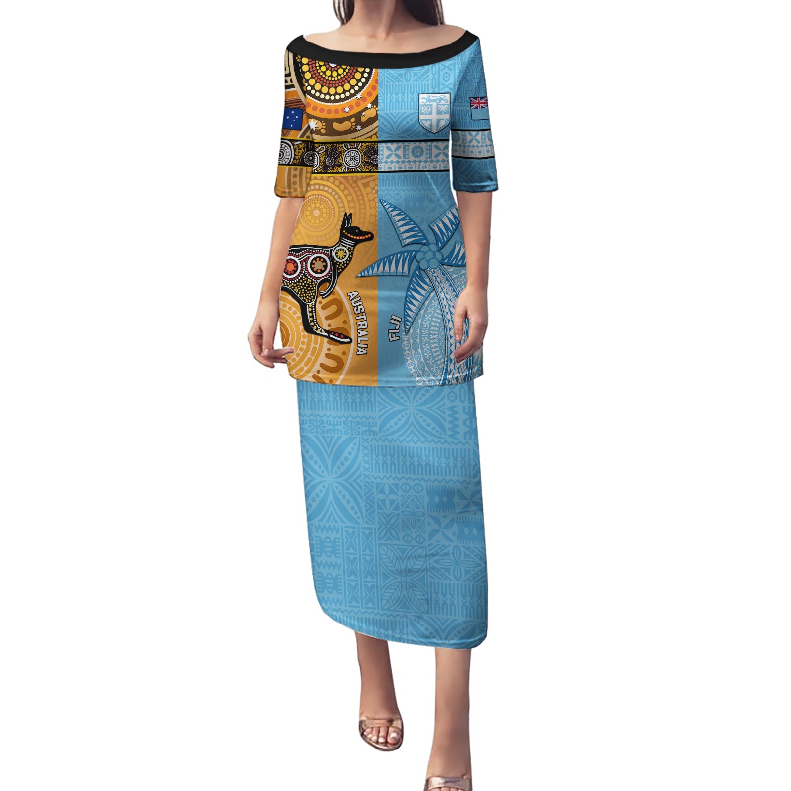 Custom Fiji Tapa And Australia Aboriginal Together Puletasi LT05 Long Dress Blue - Polynesian Pride