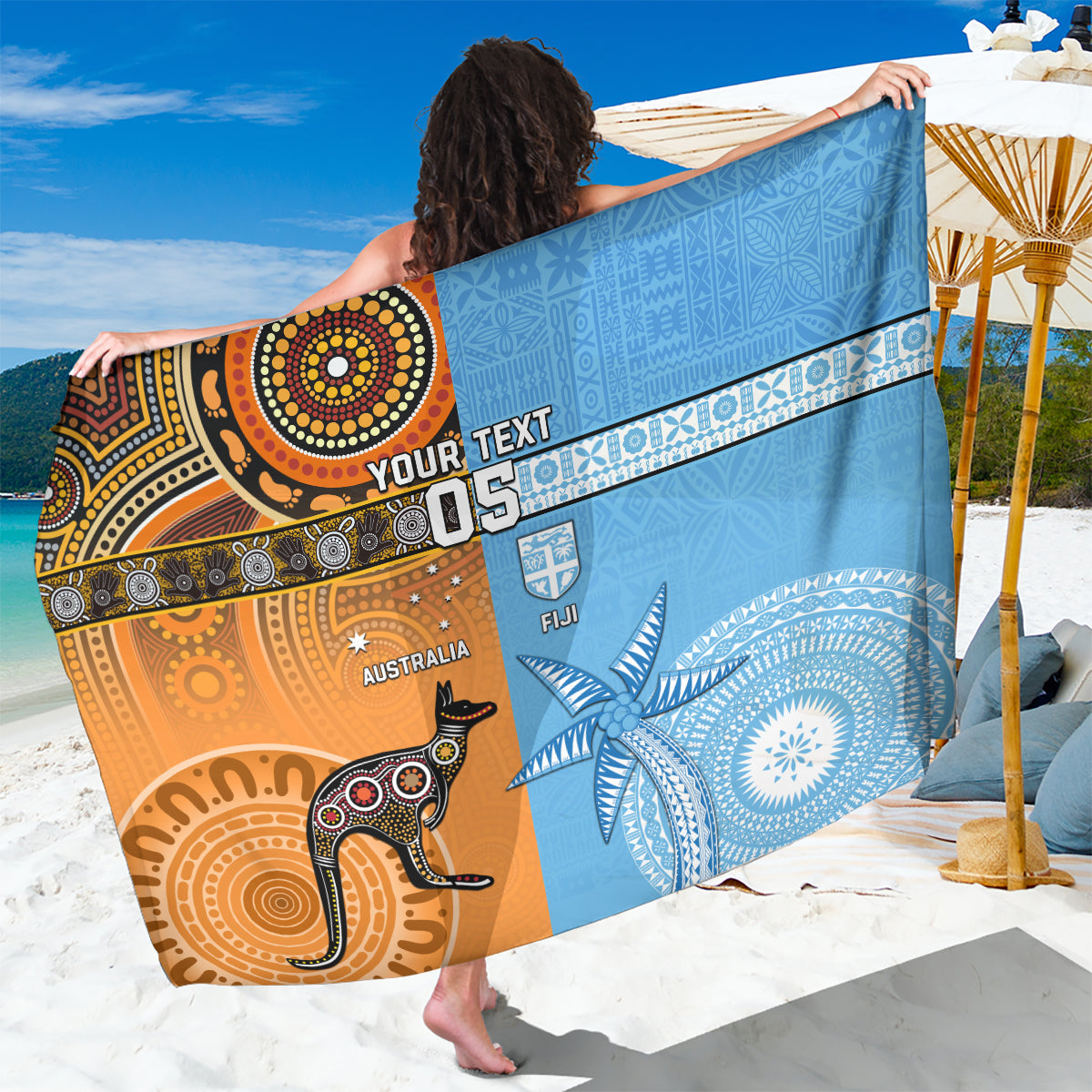 Custom Fiji Tapa And Australia Aboriginal Together Sarong LT05 One Size 44 x 66 inches Blue - Polynesian Pride