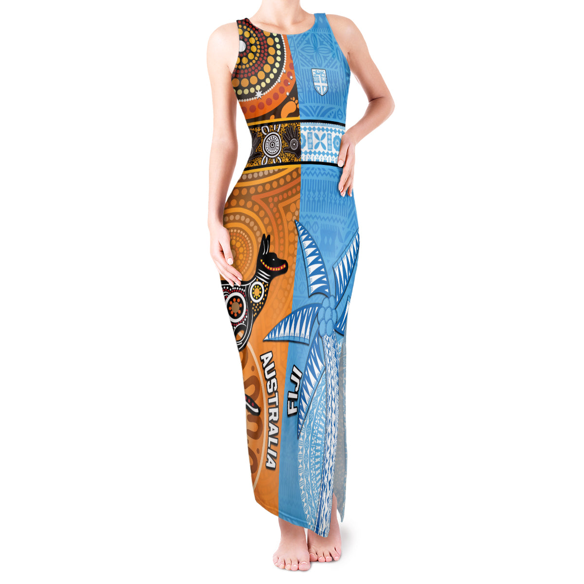 Custom Fiji Tapa And Australia Aboriginal Together Tank Maxi Dress LT05 Women Blue - Polynesian Pride